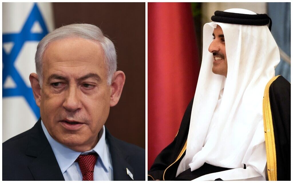 Prime Minister Benjamin Netanyahu (L) at the Prime Minister's Office in Jerusalem, on December 10, 2023.
Qatar's Emir Sheikh Tamim bin Hamad al-Thani at Lusail Palace, in Doha on February 6, 2024. (Ronen Zvulun/AP, Mark Schiefelbein/AFP) Prime Minister Benjamin Netanyahu (L) at the Prime Minister's Office in Jerusalem, on December 10, 2023.
Qatar's Emir Sheikh Tamim bin Hamad al-Thani at Lusail Palace, in Doha on February 6, 2024. (Ronen Zvulun/AP, Mark Schiefelbein/AFP)