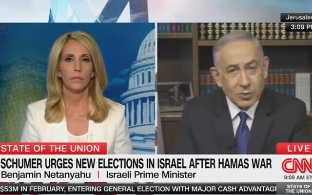 Prime Minister Benjamin Netanyahu in a CNN interview, March 17, 2024 (CNN screenshot)