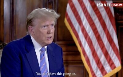 Screen capture from video of former US president Donald Trump speaking to the Israel Hayom newspaper in Florida, March 2024. (Israel Hayom. Used in accordance with Clause 27a of the Copyright Law)