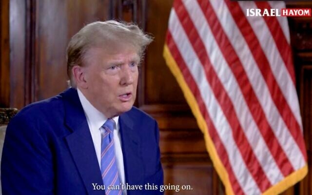 Screen capture from video of former US president Donald Trump speaking to the Israel Hayom newspaper in Florida, March 2024. (Israel Hayom. Used in accordance with Clause 27a of the Copyright Law) Screen capture from video of former US president Donald Trump speaking to the Israel Hayom newspaper in Florida, March 2024. (Israel Hayom. Used in accordance with Clause 27a of the Copyright Law)