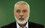 Qatar-based Hamas leader Ismail Haniyeh delivers a recorded speech, March 10, 2024. (Screenshot, X; Used in accordance with Clause 27a of the Copyright Law)