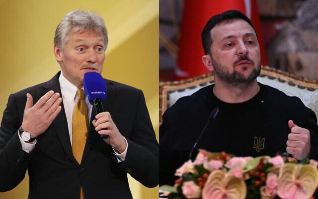 This composite images show Kremlin spokesman Dmitry Peskov (L) and Ukrainian President Volodymr Zelensky. (Gavriil Grigorov/Pool/AFP and Ozan Kose/AFP) This composite images show Kremlin spokesman Dmitry Peskov (L) and Ukrainian President Volodymr Zelensky. (Gavriil Grigorov/Pool/AFP and Ozan Kose/AFP)