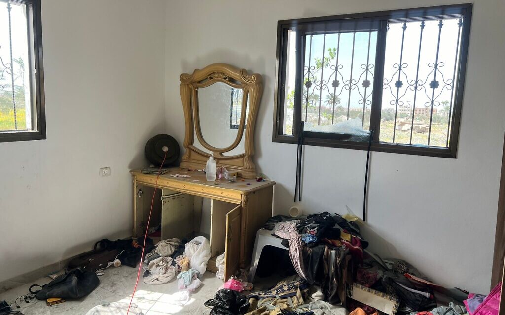A home in Al Qarara north of Khan Younis with an explosive placed by the 603rd Combat Engineering Battalion ahead of demolition, March 21, 2024 (Lazar Berman/The Times of Israel)