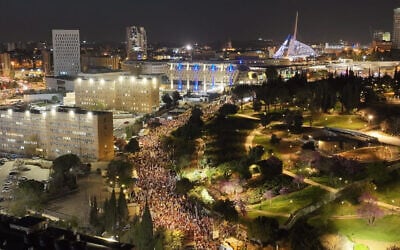 Tens of thousands attend an anti-government protest outside the Knesset in Jerusalem on March 31, 2024. (Oren Alon / Pro-Democracy Protest Movement)