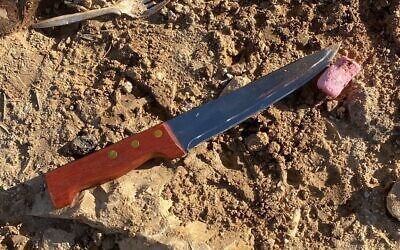 This handout image from the IDF shows the knife used in a stabbing attack at Yitzhar Junction in the West Bank on March 5, 2024. (Israel Defense Forces)