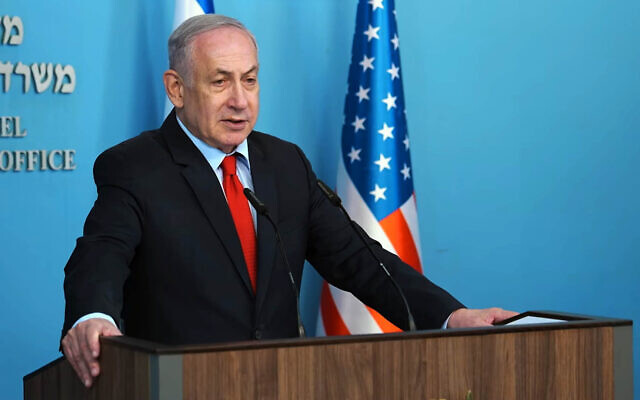 Prime Minister Benjamin Netanyahu delivers an address by video to an AIPAC conference, March 18, 2024 (GPO screenshot)