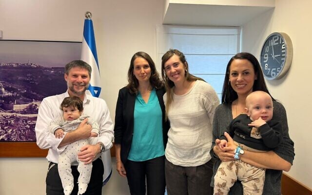 Representatives of the Reservists’ Wives Forum meet with Finance Minister Bezalel Smotrich (left) in early 2024. (Courtesy) Representatives of the Reservists’ Wives Forum meet with Finance Minister Bezalel Smotrich (left) in early 2024. (Courtesy)