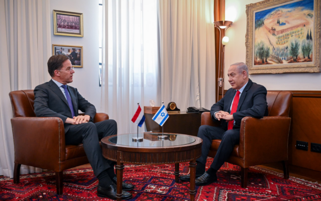 Prime Minister Benjamin Netanyahu (right) meets his Dutch counterpart, Mark Rutte, at the Prime Minister's Office in Jerusalem on March 13, 2024. (Kobi Gideon/GPO)