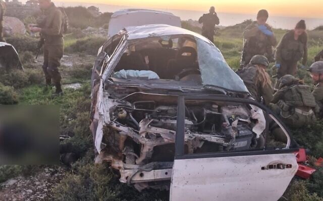 The scene of a deadly car accident on Route 60 near the West Bank settlement of Givat Asaf on March 13, 2024 (Courtesy) The scene of a deadly car accident on Route 60 near the West Bank settlement of Givat Asaf on March 13, 2024 (Courtesy)