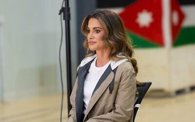 A handout picture released by the Press Service of Jordan's Queen Rania on March 11, 2024, shows her speaking in an exclusive CNN interview about the humanitarian situation in Gaza. (Photo by Queen Rania's office)