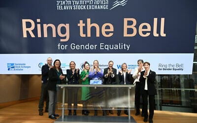 Illustrative: Chairwomen and female CEOs of tech and biomed companies ring the opening ball at the Tel Aviv Stock Exchange in celebration of International Women's Day, March 7, 2024. (Courtesy)