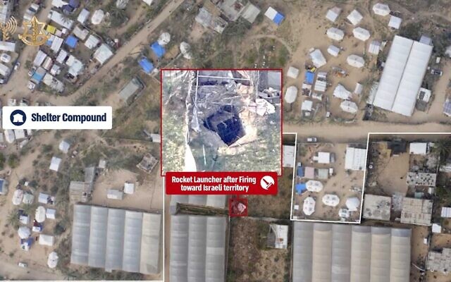 A photo provided by the IDF shows a rocket launcher placed by a humanitarian shelter, after the launcher was struck by the army, April 8, 2024 (IDF) A photo provided by the IDF shows a rocket launcher placed by a humanitarian shelter, after the launcher was struck by the army, April 8, 2024 (IDF)