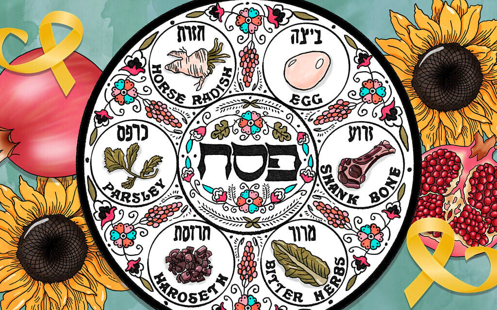 Pomegranates, flowers and yellow ribbons are among the new Passover ritual items some Jewish families are bringing to their seders this year. (Design by Mollie Suss/JTA) Pomegranates, flowers and yellow ribbons are among the new Passover ritual items some Jewish families are bringing to their seders this year. (Design by Mollie Suss/JTA)