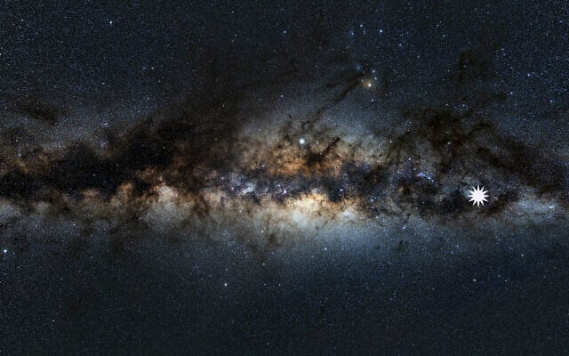 File - this undated handout image provided on January 26, 2022 by astrophysicist Natasha Hurley-Walker from the Curtin University node of the International Centre for Radio Astronomy Research (ICRAR) shows the Milky Way as viewed from Earth, with a star icon (at R-placed by source) marking the position of a mysterious repeating transient in space. (Natasha Hurley-Walker/AFP) File - this undated handout image provided on January 26, 2022 by astrophysicist Natasha Hurley-Walker from the Curtin University node of the International Centre for Radio Astronomy Research (ICRAR) shows the Milky Way as viewed from Earth, with a star icon (at R-placed by source) marking the position of a mysterious repeating transient in space. (Natasha Hurley-Walker/AFP)
