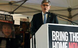 File: United States Ambassador to Israel Jack Lew gives a speech to relatives and supporters of Israeli hostages held in Gaza, in Tel Aviv on January 13, 2024. (Ahmad Gharabli/AFP)