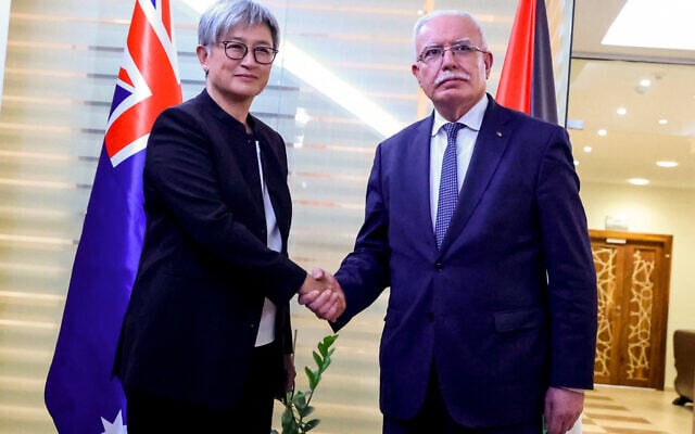 File - Palestinian Foreign Minister Riyad al-Maliki (R) receives Australian Foreign Minister Penny Wong (L), in Palestinian Authority-controlled Ramallah, in the West Bank, January 17, 2024. (Jaafar Ashtiyeh/AFP) File - Palestinian Foreign Minister Riyad al-Maliki (R) receives Australian Foreign Minister Penny Wong (L), in Palestinian Authority-controlled Ramallah, in the West Bank, January 17, 2024. (Jaafar Ashtiyeh/AFP)