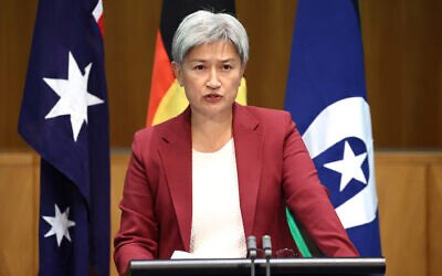 Australia's Foreign Minister Penny Wong speaks during a press conference at Parliament House in Canberra on March 20, 2024. (David Gray/AFP)