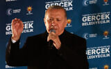 Turkish President Recep Tayyip Erdogan delivers a speech in Ankara on April 1, 2024. (Adem Altan/AFP)