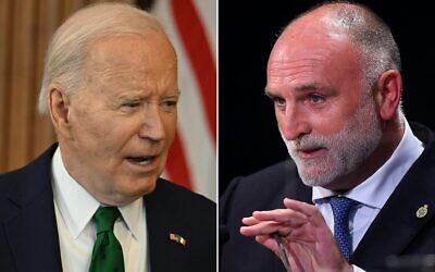 This combination of pictures created on April 2, 2024 shows US President Joe Biden speaking at the annual Friends of Ireland luncheon at the US Capitol in Washington, DC, on March 15, 2024 and Spanish chef and founder of the World Central Kitchen charity Jose Andres speaking after receiving an award at the Reconquista Hotel in Oviedo, Spain, on October 22, 2021. (Jim WATSON and ANDER GILLENEA / AFP)