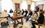 Pope Francis during a meeting with relatives of Israeli hostages the Bibas family (Shiri, Yarden, Ariel, Kfir), Omri Miran, Agam Berger, Guy Gilboa Dalal and Tamir Nimrodi, held in the Gaza Strip by Palestinian terrorists, seen at the Vatican City, April 8, 2024. (VATICAN MEDIA / AFP)
