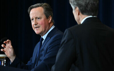 British Foreign Secretary David Cameron speaks during a joint press conference with US Secretary of State Antony Blinken, right, at the State Department in Washington, DC, on April 9, 2024. (Mandel Ngan/AFP)