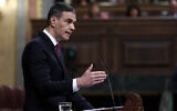Spanish Prime Minister Pedro Sanchez addresses parliament at the Spanish lower house, Congress of Deputies, in Madrid on April 10, 2024. (Thomas Coex/AFP)