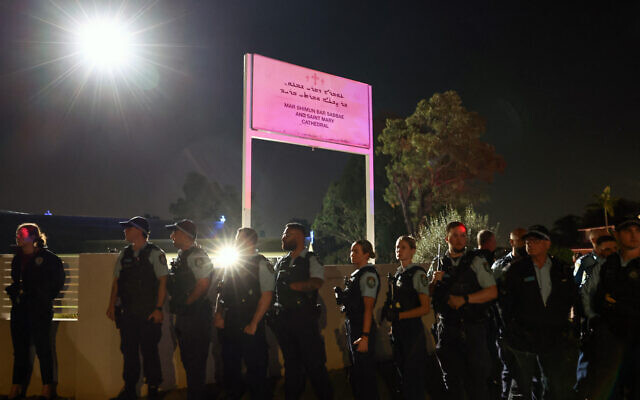New South Wales police guard the perimeter of the Christ the Good Shepherd Church in Sydney's western suburb of Wakeley after several people were stabbed in the church premises, on April 15, 2024 (David Gray/AFP) New South Wales police guard the perimeter of the Christ the Good Shepherd Church in Sydney's western suburb of Wakeley after several people were stabbed in the church premises, on April 15, 2024 (David Gray/AFP)