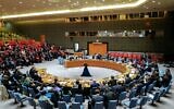 General view of a UN Security Council meeting at UN headquarters in New York on April 17, 2024. (Charly Triballeau/AFP)