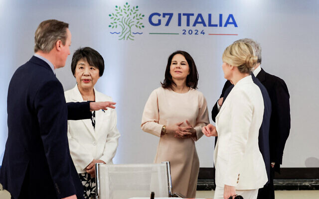(From L) British Foreign Secretary David Cameron, Japanese Foreign Minister Yoko Kamikawa, German Foreign Minister Annalena Baerbock and Canadian Minister of Foreign Affairs Melanie Joly speak during the G7 foreign ministers meeting on Capri island, on April 18, 2024. (Remo Casilli / POOL / AFP) (From L) British Foreign Secretary David Cameron, Japanese Foreign Minister Yoko Kamikawa, German Foreign Minister Annalena Baerbock and Canadian Minister of Foreign Affairs Melanie Joly speak during the G7 foreign ministers meeting on Capri island, on April 18, 2024. (Remo Casilli / POOL / AFP)