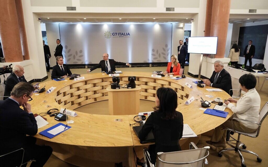 An Indo-Pacific meeting on the sidelines of the G7 Foreign Ministers meeting on Capri Island, Italy, on April 19, 2024. (Gregorio Borgia/POOL/AFP)