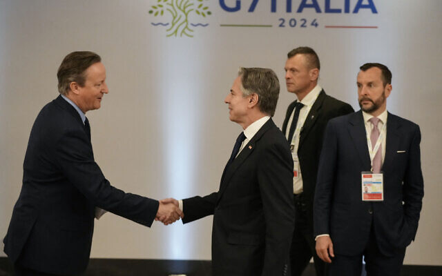 Britain's Foreign Secretary David Cameron (L) shakes hands with US Secretary of State Antony Blinken before a meeting on the sidelines of the G7 Foreign Ministers meeting on Capri Island, Italy, on April 19, 2024. (Gregorio Borgia/Pool/AFP) Britain's Foreign Secretary David Cameron (L) shakes hands with US Secretary of State Antony Blinken before a meeting on the sidelines of the G7 Foreign Ministers meeting on Capri Island, Italy, on April 19, 2024. (Gregorio Borgia/Pool/AFP)
