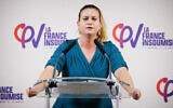 National Assembly parliamentary group President of La France Insoumise (LFI) Mathilde Panot makes  a speech in Marseille on November 23, 2023.  (Clement Mahoudeau/AFP)