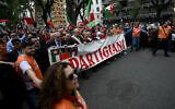 Rome's Mayor Roberto Gualtieri (C) and Roberto Salis (3rdL) father of Italian activist detained in Hungary, Ilaria, take part in a rally organized by the National Association of Italian Partisans (Anpi) to mark the 79th anniversary of Liberation Day, in Rome on April 25, 2024. (Photo by Filippo MONTEFORTE / AFP)