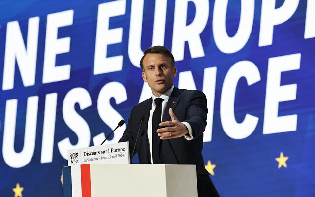 French President Emmanuel Macron delivers a speech on Europe in an amphitheater of Sorbonne University in Paris, on April 25, 2024. (Christophe Petit Tesson/Pool/AFP) French President Emmanuel Macron delivers a speech on Europe in an amphitheater of Sorbonne University in Paris, on April 25, 2024. (Christophe Petit Tesson/Pool/AFP)