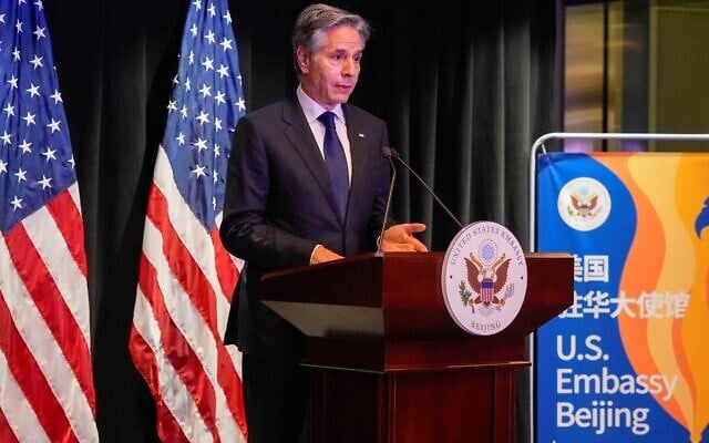 US Secretary of State Antony Blinken speaks during a press conference at the US embassy in Beijing on April 26, 2024. (Mark Schiefelbein/Pool/AFP) US Secretary of State Antony Blinken speaks during a press conference at the US embassy in Beijing on April 26, 2024. (Mark Schiefelbein/Pool/AFP)