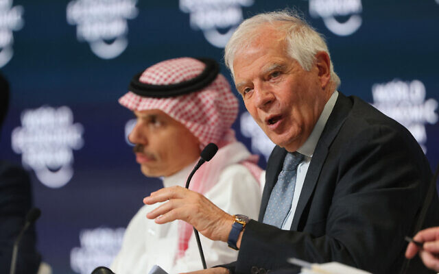 Saudi Foreign Minister Prince Faisal bin Farhan (L) and EU foreign policy chief Josep Borrell attend the World Economic Forum Special Meeting in Riyadh on April 28, 2024. (Photo by Fayez Nureldine / AFP) Saudi Foreign Minister Prince Faisal bin Farhan (L) and EU foreign policy chief Josep Borrell attend the World Economic Forum Special Meeting in Riyadh on April 28, 2024. (Photo by Fayez Nureldine / AFP)