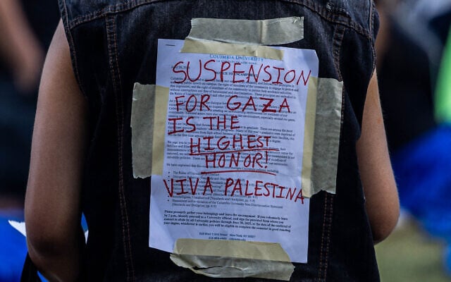 A US protester wears Columbia University's disciplinary notice covered over by support for Palestinians in Gaza at Columbia University on April 29, 2024 in New York City. (Alex Kent / GETTY IMAGES NORTH AMERICA / Getty Images via AFP) A US protester wears Columbia University's disciplinary notice covered over by support for Palestinians in Gaza at Columbia University on April 29, 2024 in New York City. (Alex Kent / GETTY IMAGES NORTH AMERICA / Getty Images via AFP)