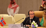 Norwegian Foreign Minister Espen Barth Eide attends a ministerial meeting held in Riyadh on April 29, 2024, to discuss the Gaza crisis amid the ongoing conflict in the Palestinian territory between Israel and the terror group Hamas. (Photo by Fayez Nureldine / AFP)
