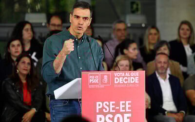 File: Spanish Prime Minister Pedro Sanchez gestures as he delivers a speech during the Basque Socialist Party (PSE) closing campaign meeting in Bilbao on April 19, 2024 ahead of regional elections in the Basque Country. (Ander Gillenea/AFP)