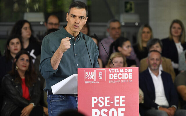 File: Spanish Prime Minister Pedro Sanchez gestures as he delivers a speech during the Basque Socialist Party (PSE) closing campaign meeting in Bilbao on April 19, 2024 ahead of regional elections in the Basque Country. (Ander Gillenea/AFP) File: Spanish Prime Minister Pedro Sanchez gestures as he delivers a speech during the Basque Socialist Party (PSE) closing campaign meeting in Bilbao on April 19, 2024 ahead of regional elections in the Basque Country. (Ander Gillenea/AFP)