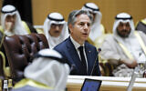 US Secretary of State Antony Blinken attends a Joint Ministerial Meeting of the Gulf Cooperation Council (GCC)-US Strategic Partnership discussing the humanitarian situation in Gaza, at the Gulf Cooperation Council (GCC) Secretariat in Riyadh on April 29, 2024. (Evelyn Hockstein/Pool/AFP)