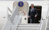 US Secretary of State Antony Blinken walks out of his plane upon his arrival at the airport in the Jordanian capital Amman on April 30, 2024. (Evelyn Hockstein / POOL / AFP)