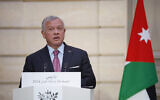 File: Jordan's King Abdullah II speaks during a joint statement with French President Emmanuel Macron, February 16, 2024 at the Elysee Palace in Paris. (Yoan Valat, Pool via AP)