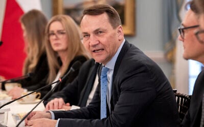 Polish Foreign Minister Radoslaw Sikorski speaks while meeting with US Secretary of State Antony Blinken, not pictured, February 26, 2024, at the State Department in Washington. (Jacquelyn Martin/AP)