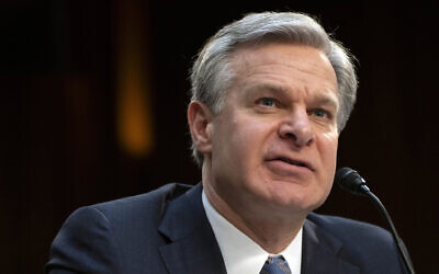 FBI Director Christopher Wray speaks during a hearing of the Senate Intelligence Committee on Capitol Hill, Monday, March 11, 2024, in Washington. (AP Photo/Mark Schiefelbein)