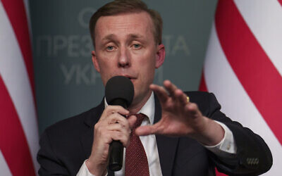 File - White House National Security Adviser Jake Sullivan speaks during a joint press conference with the head of the Office of the President of Ukraine Andriy Yermak (not pictured) in Kyiv, Ukraine, Wednesday, March 20, 2024. (AP Photo/Vadim Ghirda)