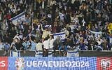 Israel supporters cheer during the Euro 2024 qualifying play-off soccer match between Israel and Iceland, at Szusza Ferenc Stadium in Budapest, Hungary, Thursday, March 21, 2024. (AP Photo/Darko Vojinovic)