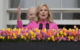 US First Lady Jill Biden speaks as President Joe Biden looks on at the White House Easter Egg Roll, April 1, 2024, in Washington. (AP Photo/Evan Vucci)