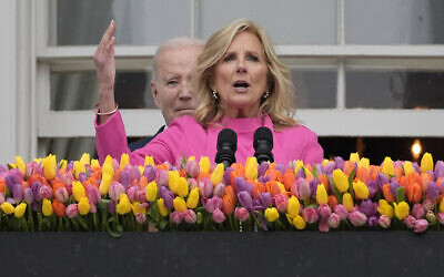 US First Lady Jill Biden speaks as President Joe Biden looks on at the White House Easter Egg Roll, April 1, 2024, in Washington. (AP Photo/Evan Vucci)