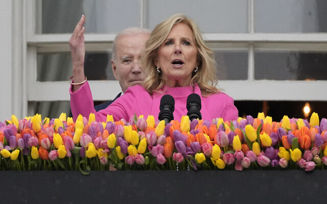 US First Lady Jill Biden speaks as President Joe Biden looks on at the White House Easter Egg Roll, April 1, 2024, in Washington. (AP Photo/Evan Vucci) US First Lady Jill Biden speaks as President Joe Biden looks on at the White House Easter Egg Roll, April 1, 2024, in Washington. (AP Photo/Evan Vucci)